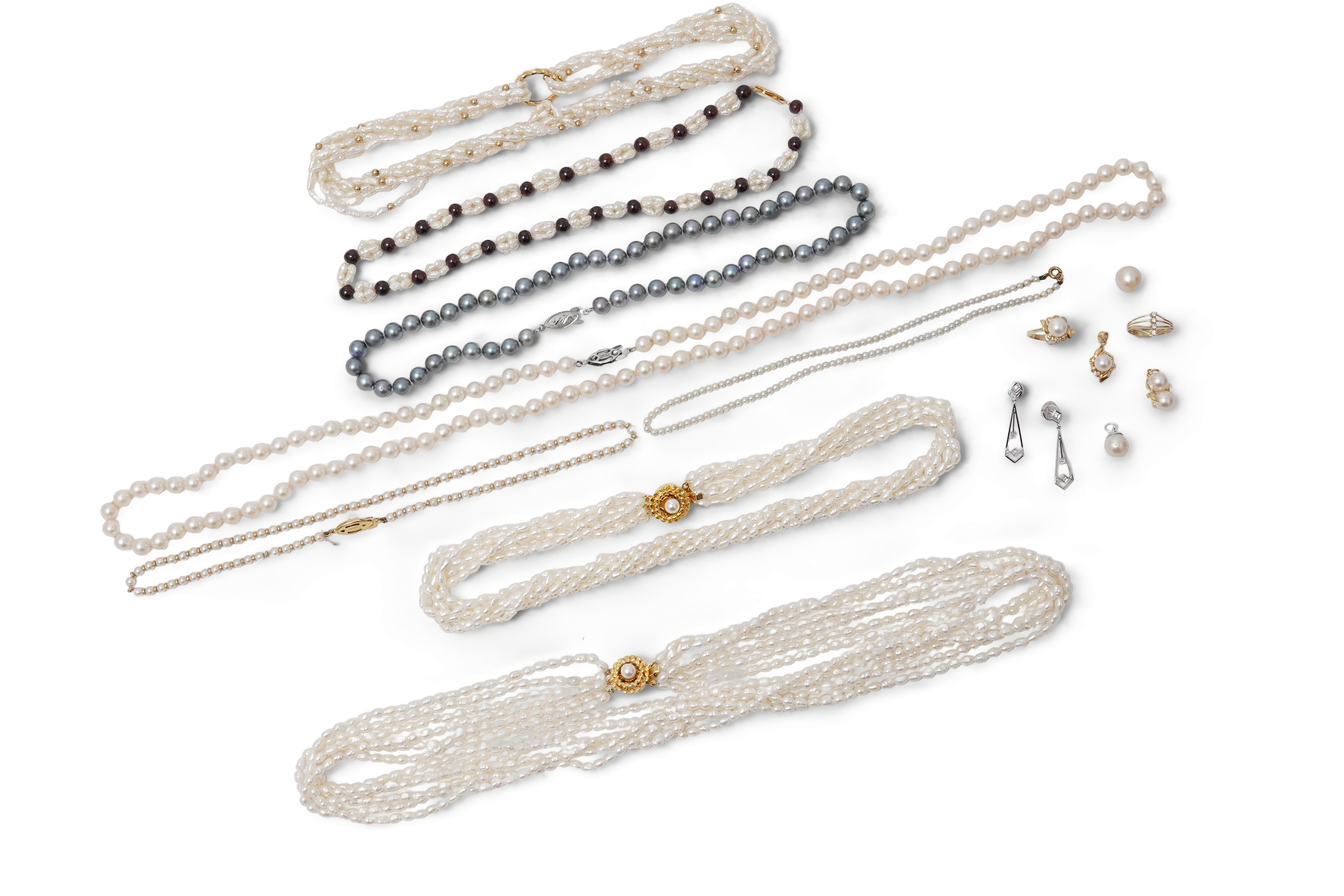 A large collection of cultured pearl and diamond jewels